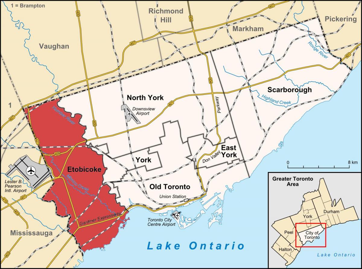 نقشه Etobicoke منطقه تورنتو