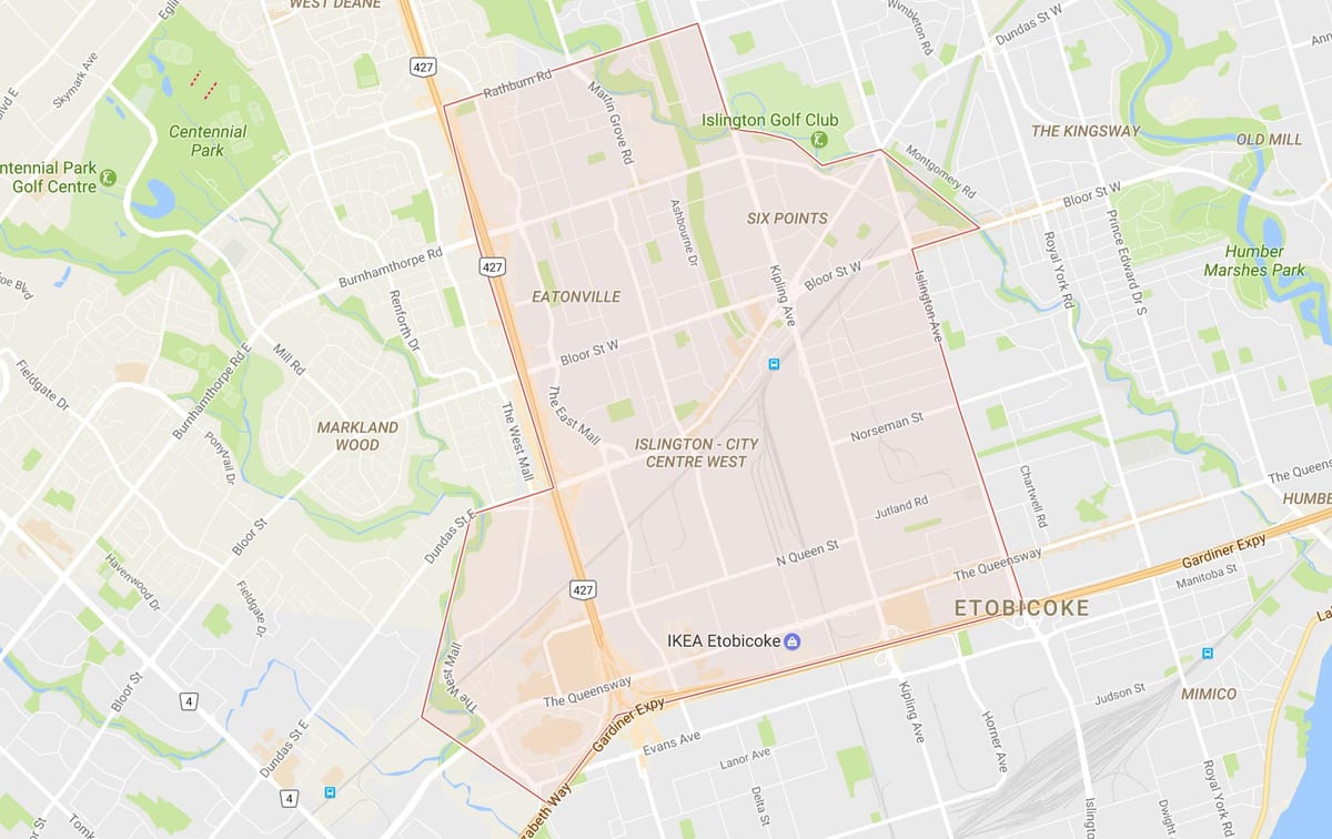 نقشه Islington-مرکز شهر غرب محله های تورنتو