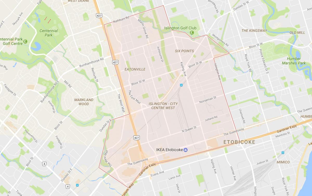 نقشه Islington-مرکز شهر غرب محله های تورنتو