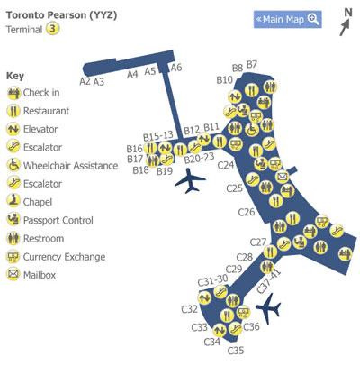 نقشه از Toronto Pearson ترمینال فرودگاه 3