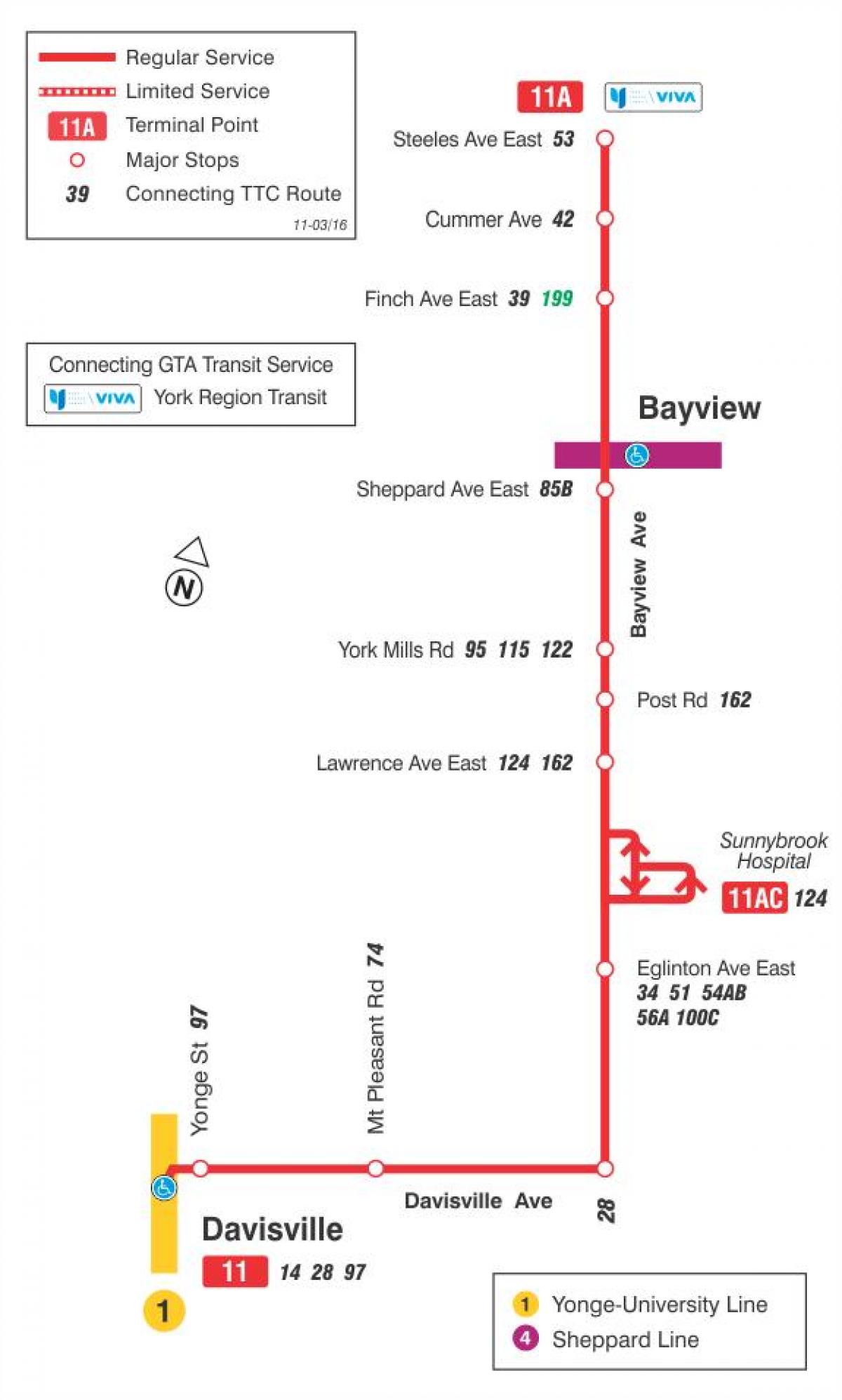 نقشه TTC 11 Bayview مسیر اتوبوس تورنتو