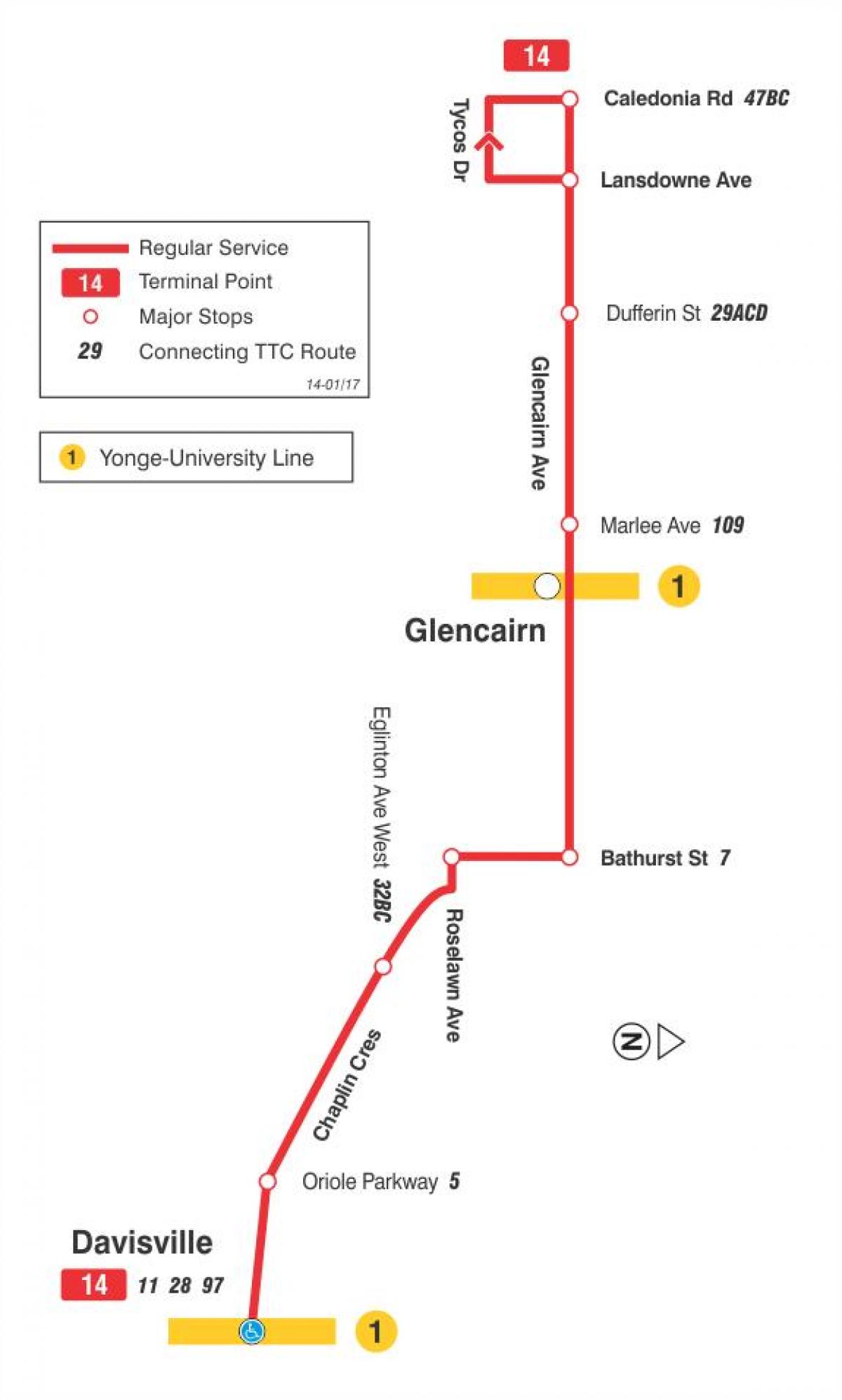 نقشه TTC 14 Glencairn مسیر اتوبوس تورنتو