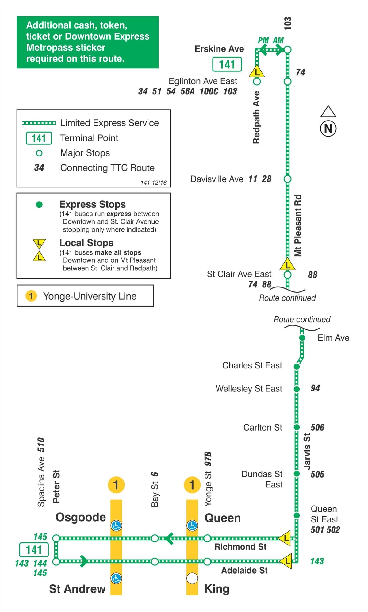 نقشه TTC 141 مرکز شهر / Mt Pleasant بیان مسیر اتوبوس تورنتو