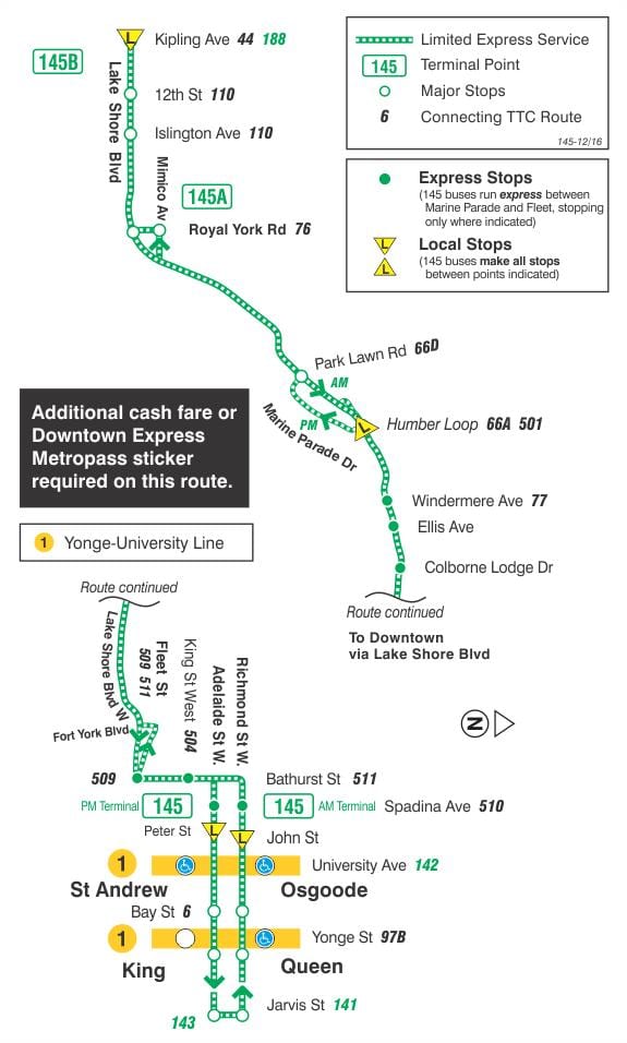 نقشه TTC 145 مرکز شهر / Humber Bay بیان مسیر اتوبوس تورنتو