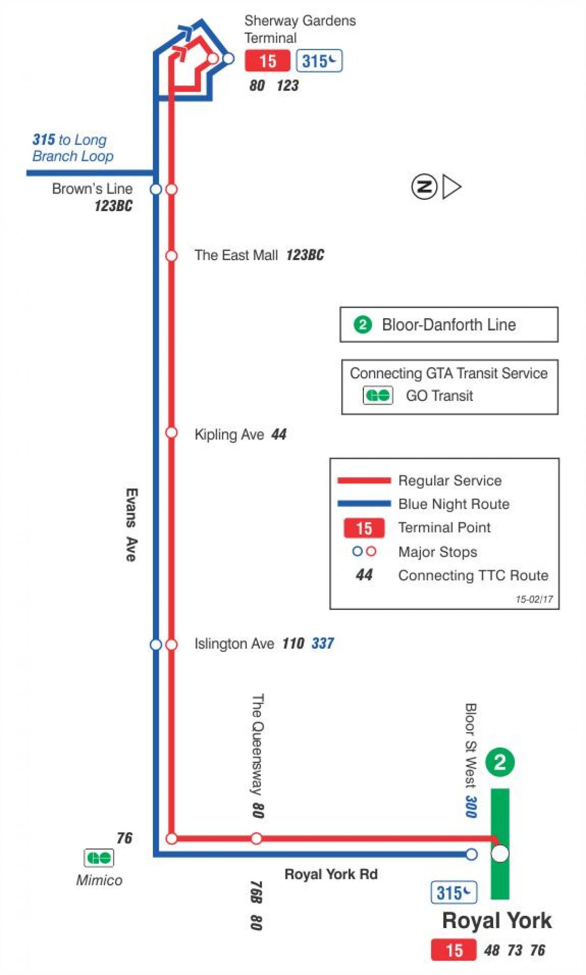 نقشه TTC 15 Evans مسیر اتوبوس تورنتو