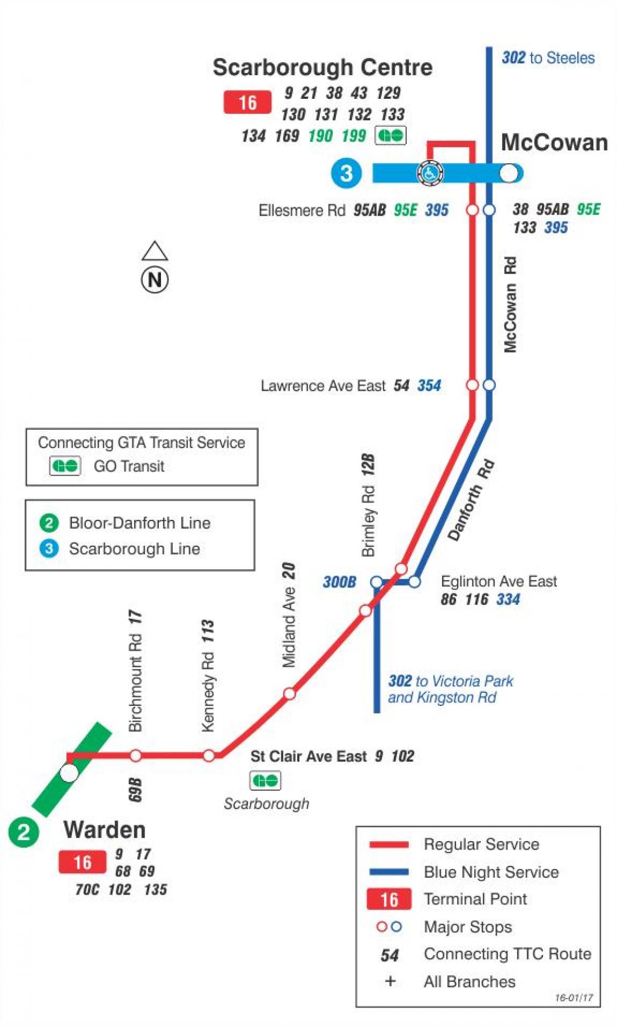 نقشه TTC 16 McCowan مسیر اتوبوس تورنتو