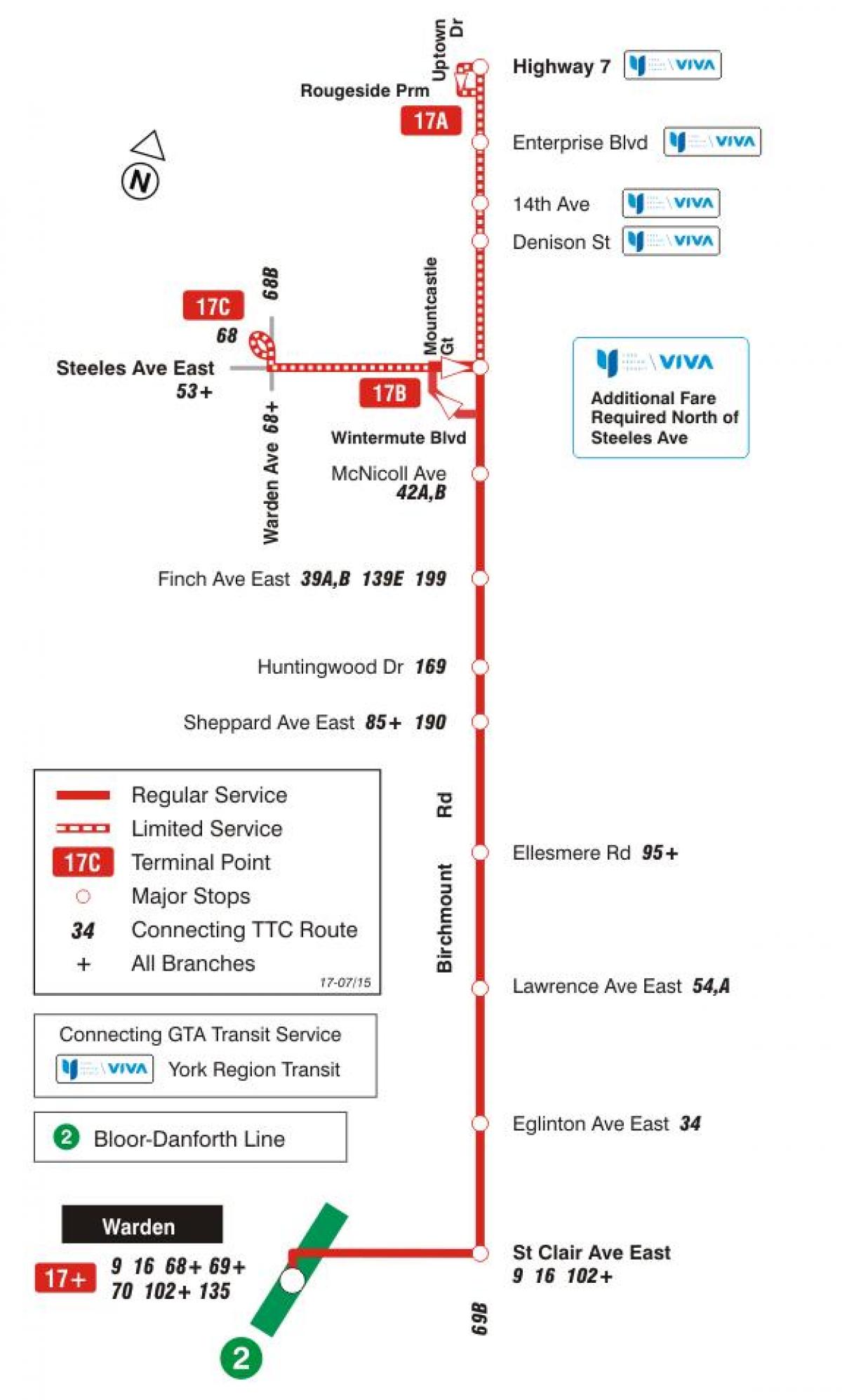 نقشه TTC 17 Birchmount مسیر اتوبوس تورنتو