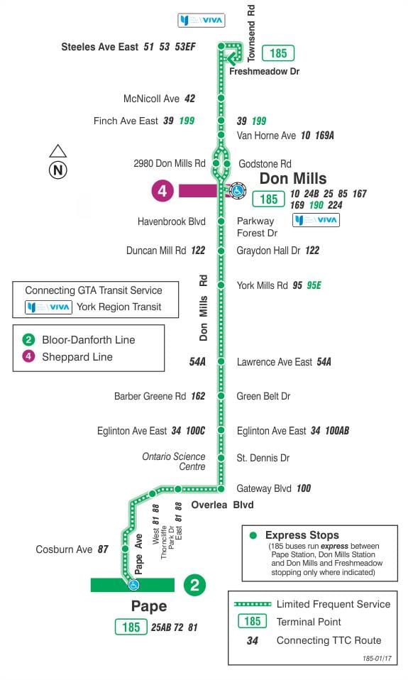 نقشه TTC 185 Don Mills موشک مسیر اتوبوس تورنتو