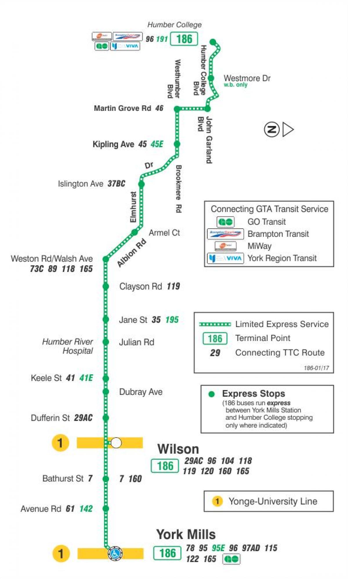 نقشه TTC 186 Wilson موشک مسیر اتوبوس تورنتو