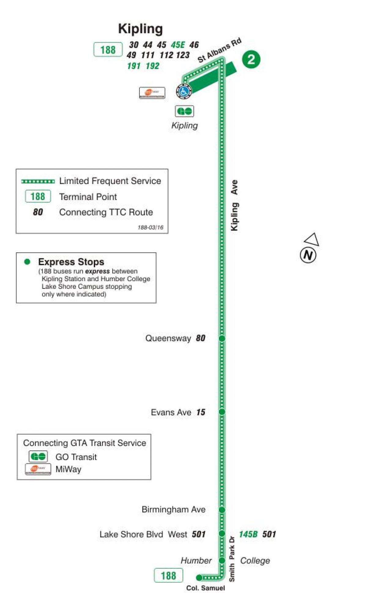 نقشه TTC 188 کیپلینگ جنوبی موشک مسیر اتوبوس تورنتو