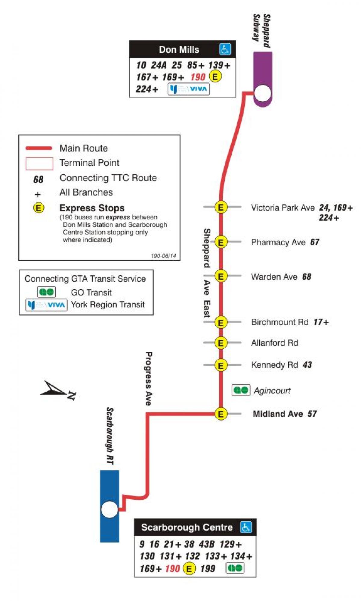 نقشه TTC 190 Scarborough مرکز موشک مسیر اتوبوس تورنتو