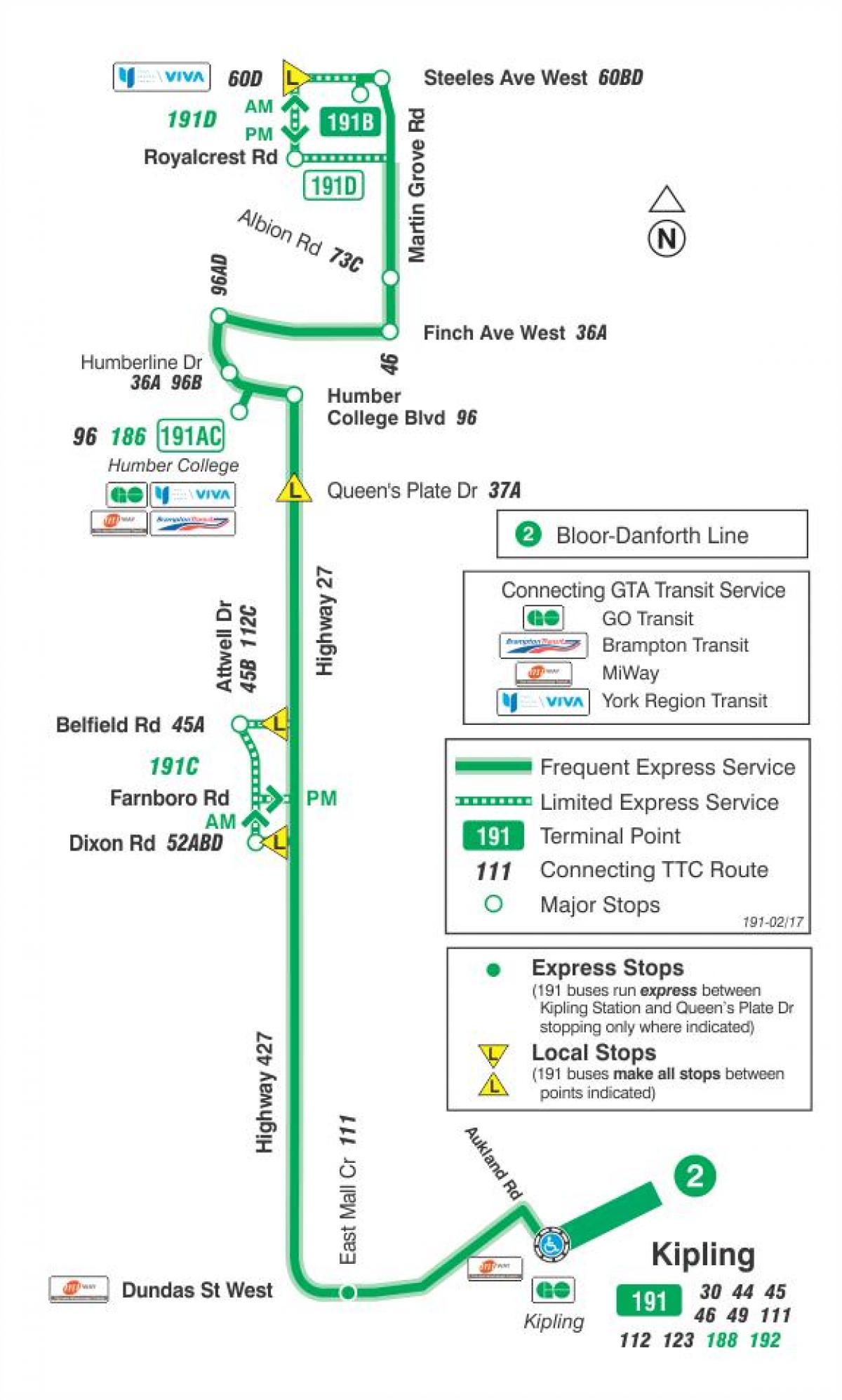 نقشه TTC 191 بزرگراه 27 موشک مسیر اتوبوس تورنتو