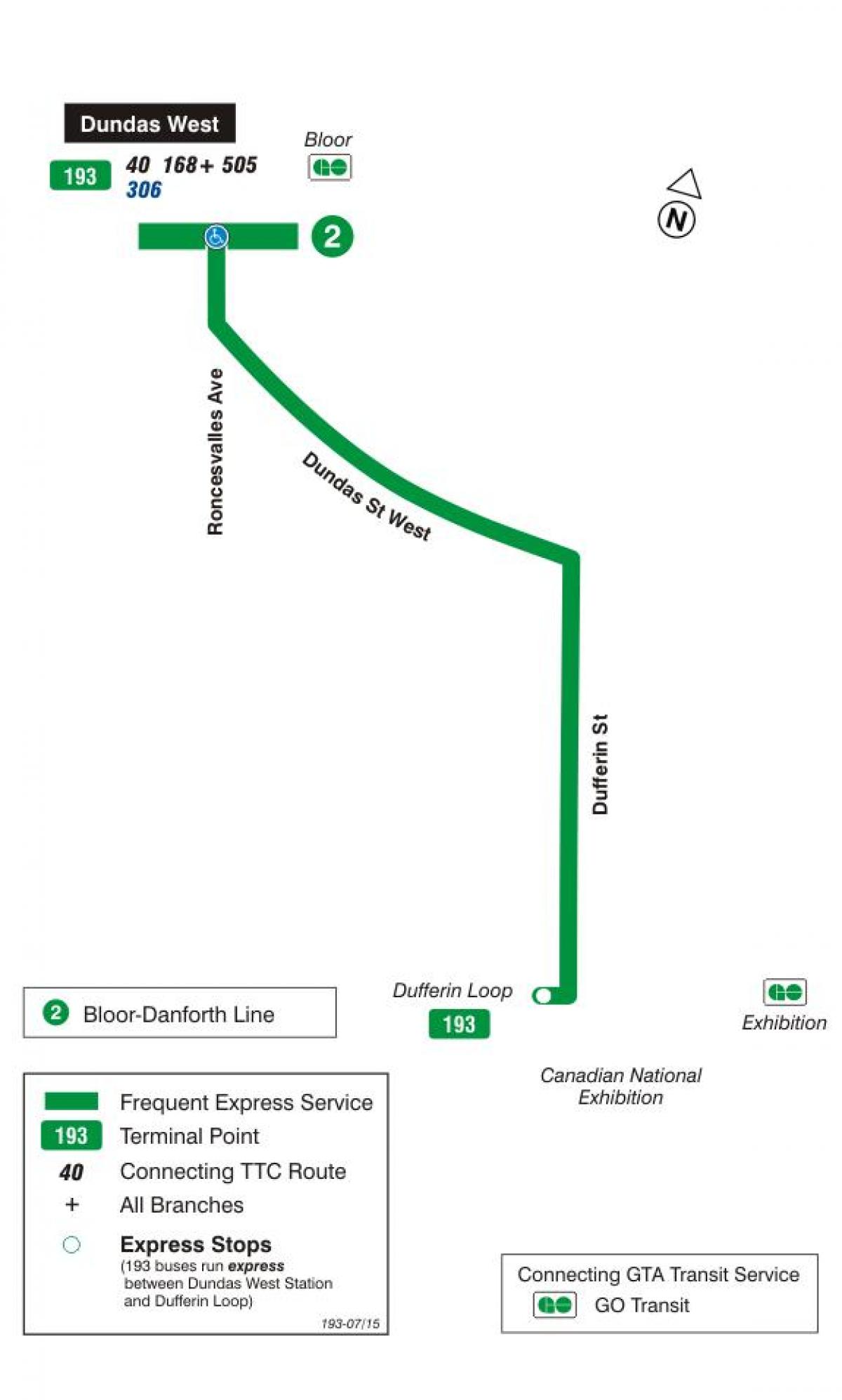 نقشه TTC 193 نمایشگاه موشک مسیر اتوبوس تورنتو