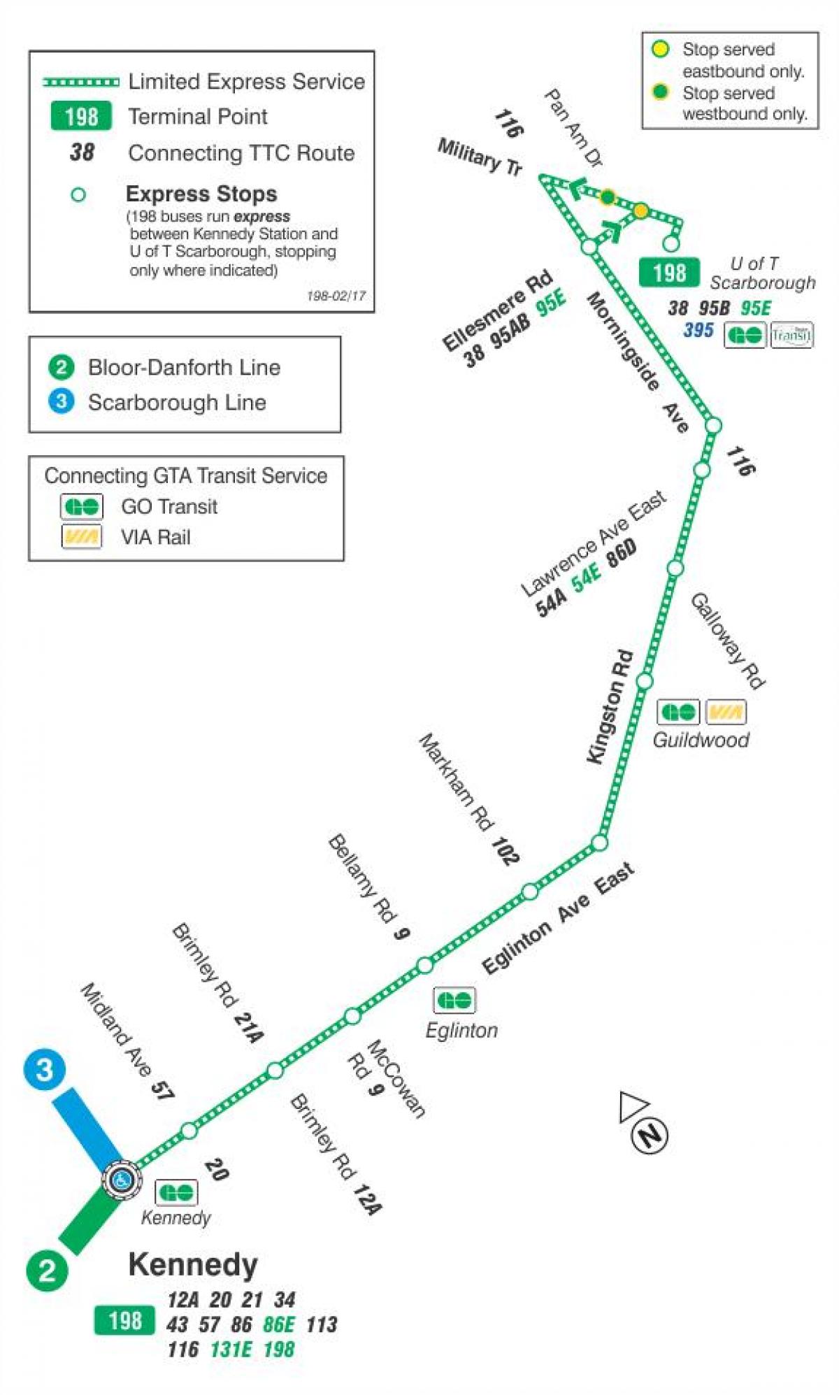 نقشه TTC 198 U of T, Scarborough موشک مسیر اتوبوس تورنتو