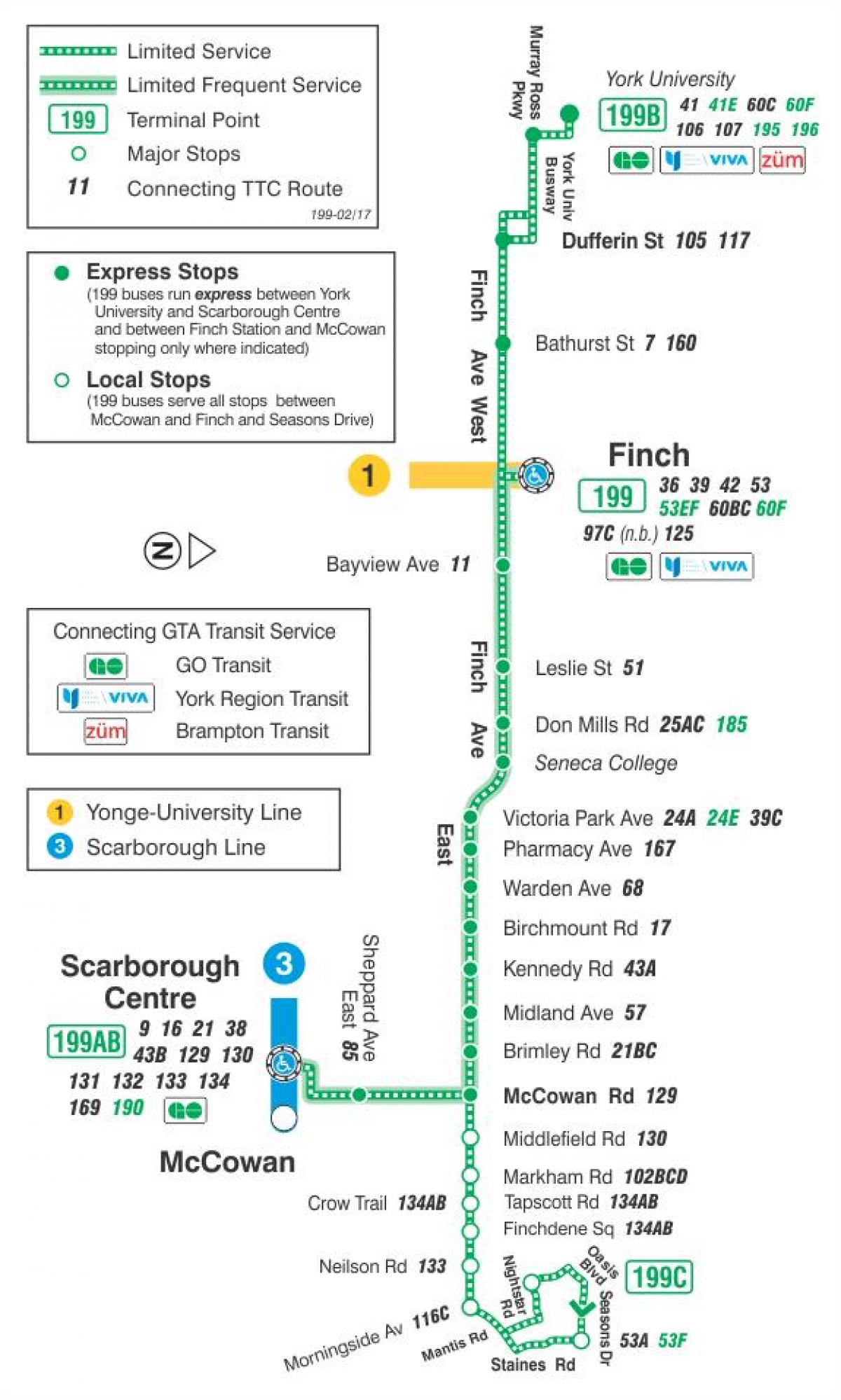 نقشه TTC 199 سهره موشک مسیر اتوبوس تورنتو