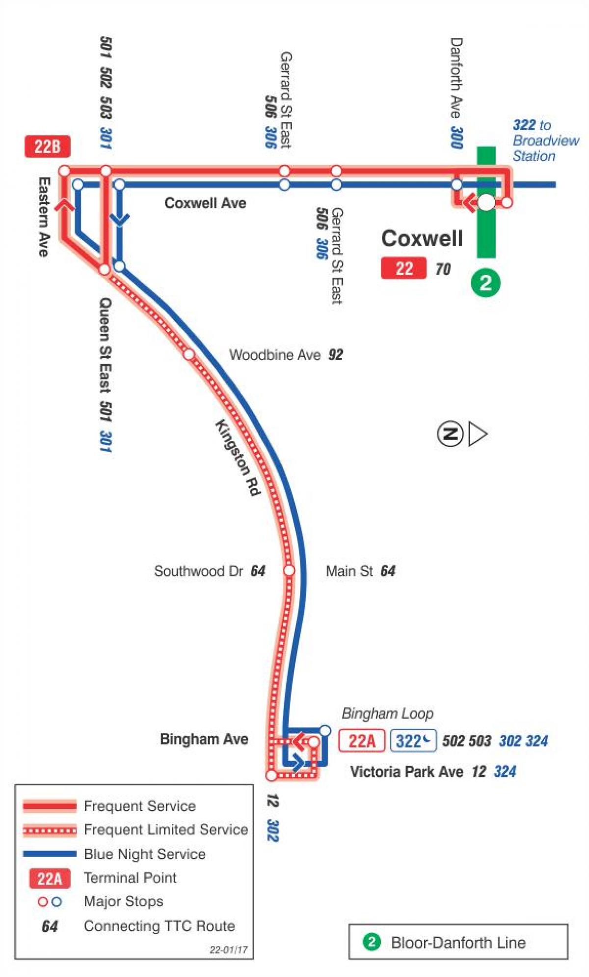 نقشه TTC 22 Coxwell مسیر اتوبوس تورنتو
