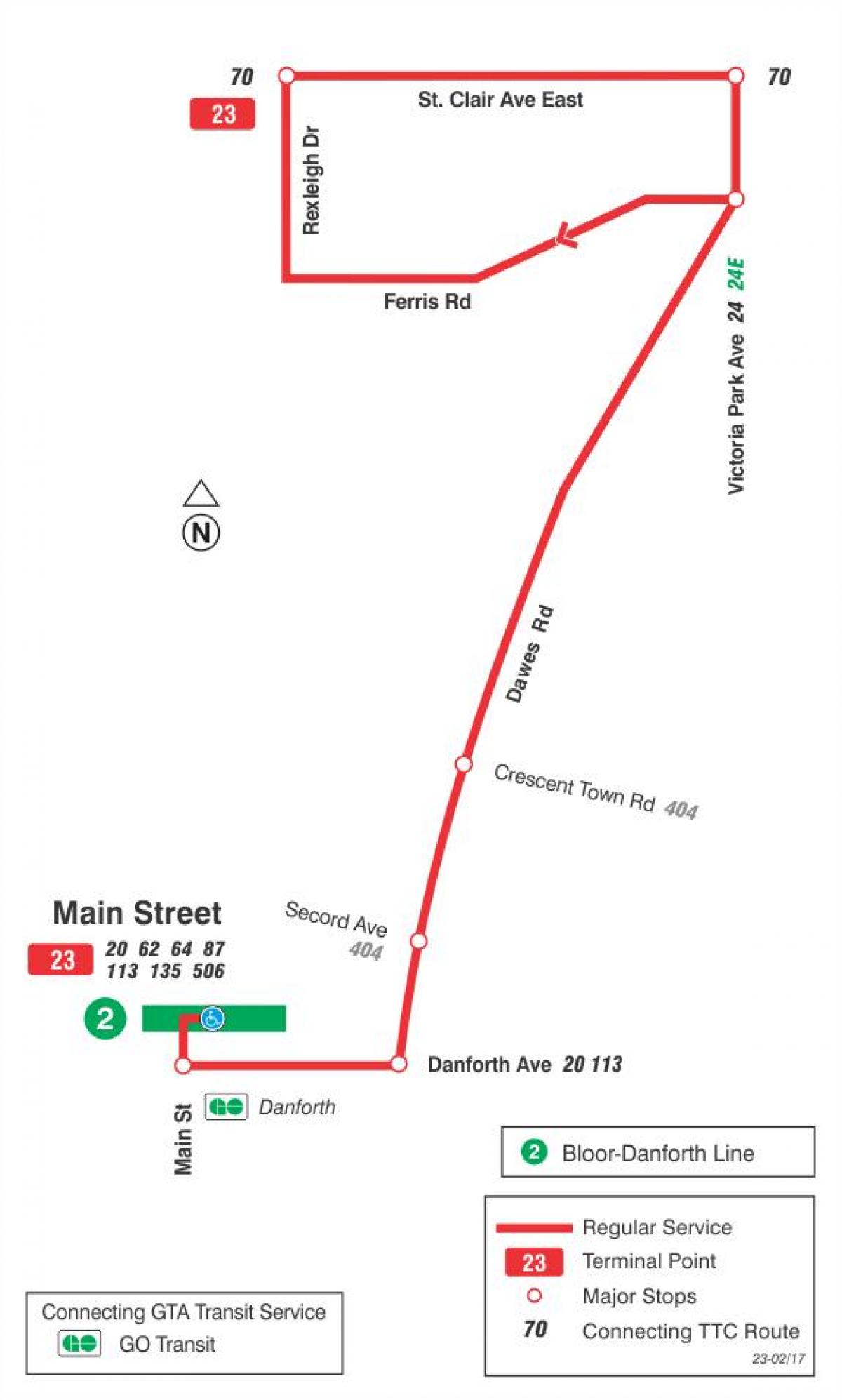 نقشه TTC 23 Dawes مسیر اتوبوس تورنتو