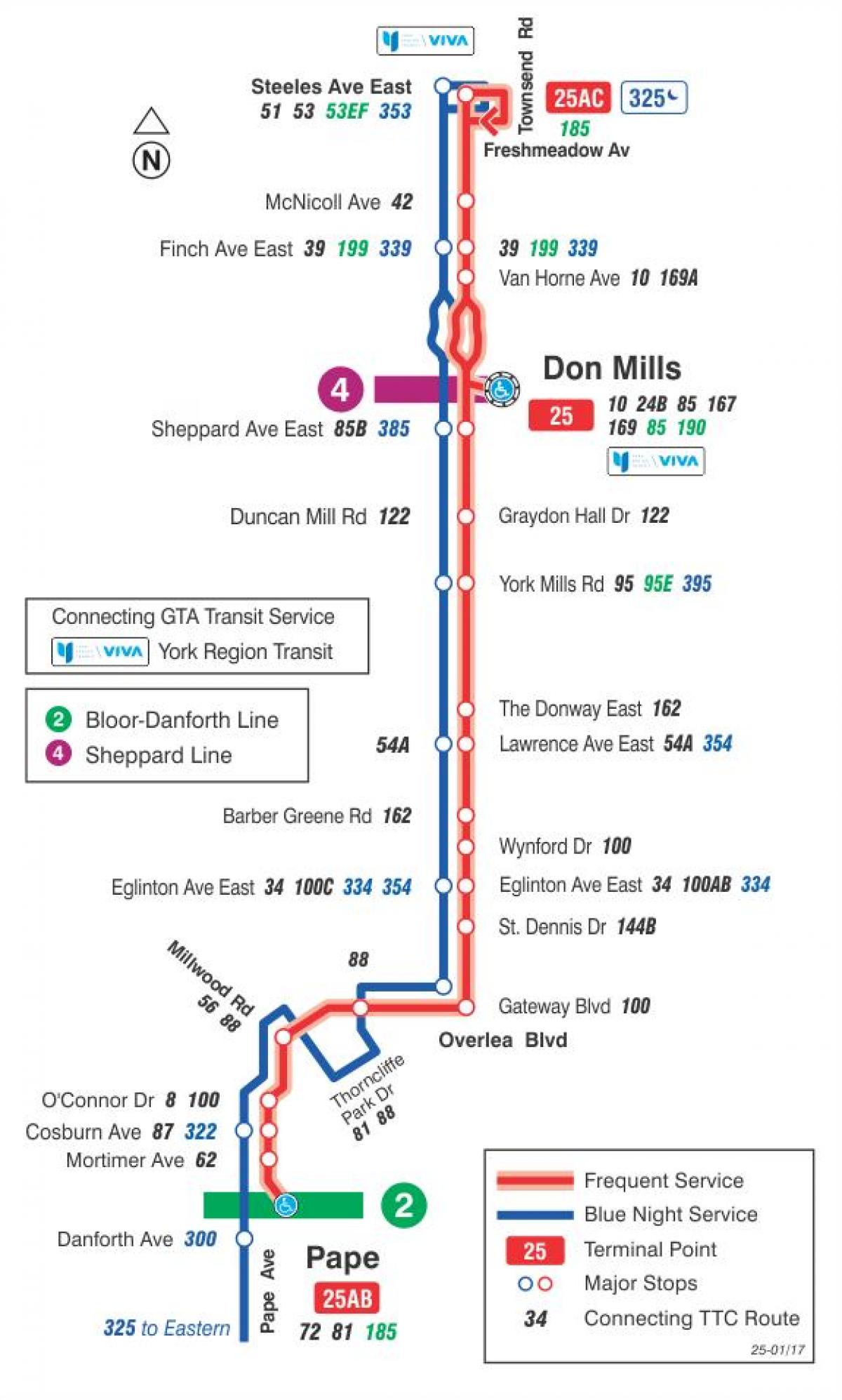 نقشه TTC 25 دان میلز مسیر اتوبوس تورنتو