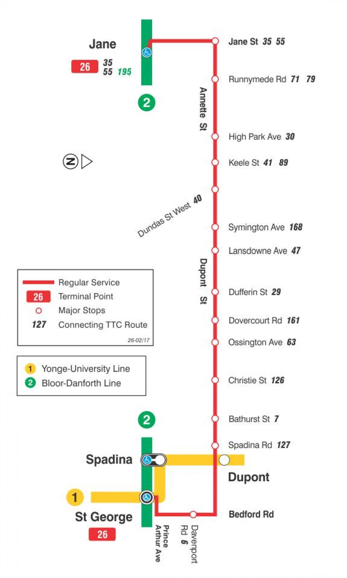 نقشه TTC 26 Dupont مسیر اتوبوس تورنتو
