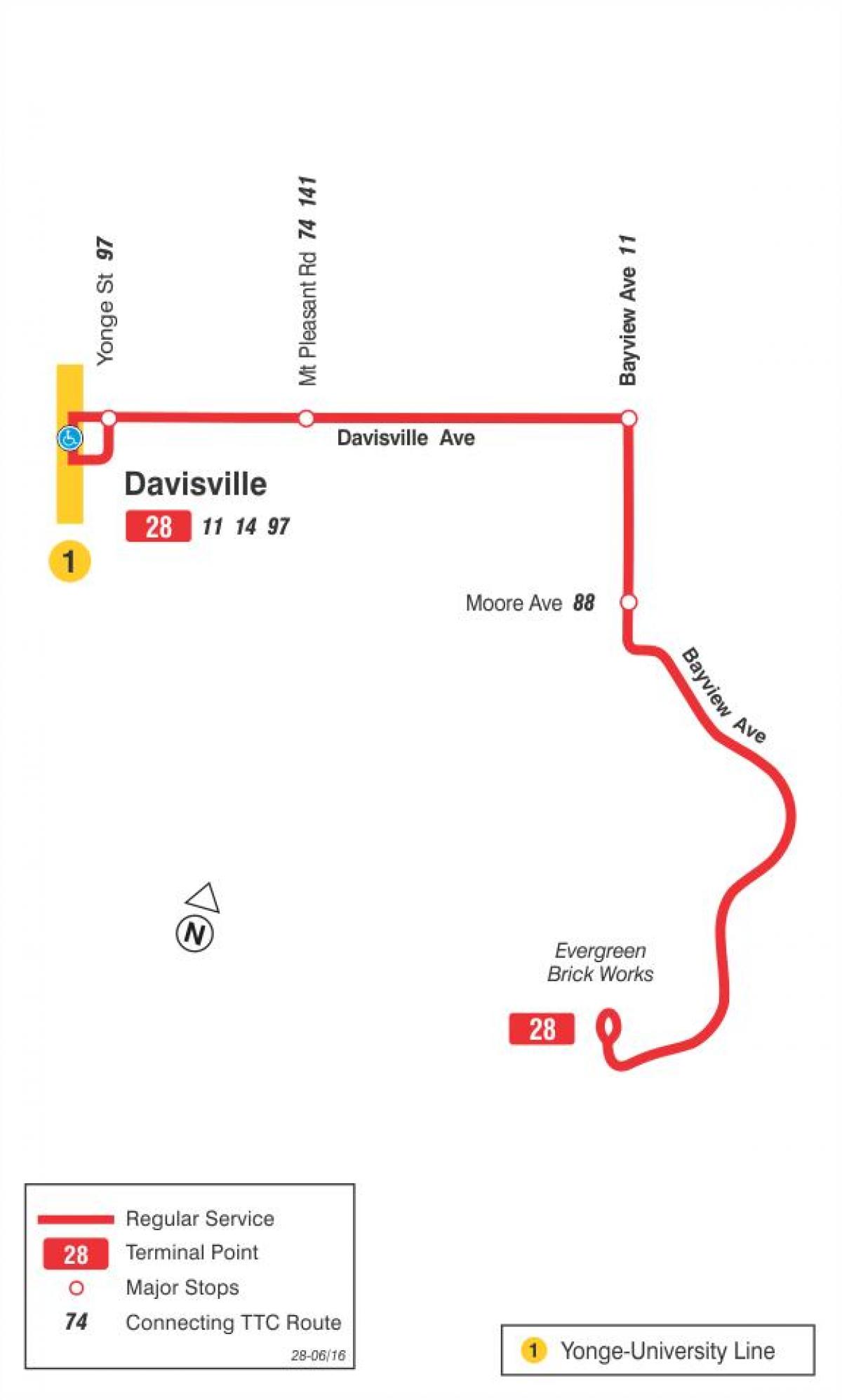 نقشه TTC 28 Bayview جنوبی مسیر اتوبوس تورنتو