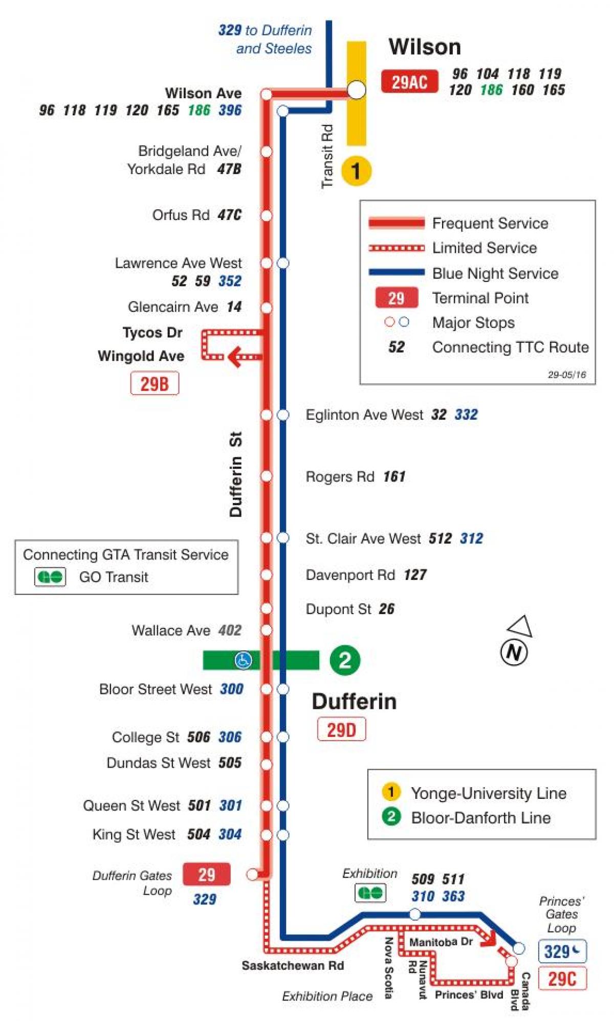 نقشه TTC 29 Dufferin مسیر اتوبوس تورنتو