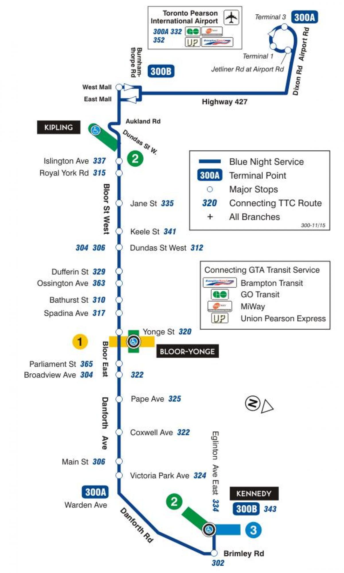 نقشه TTC 300A Bloor-Danforth مسیر اتوبوس تورنتو