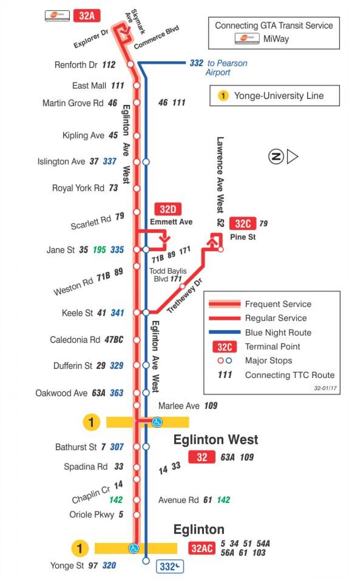 نقشه TTC 32 Eglinton غرب مسیر اتوبوس تورنتو