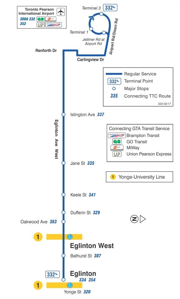 نقشه TTC 332 Eglinton غرب مسیر اتوبوس تورنتو