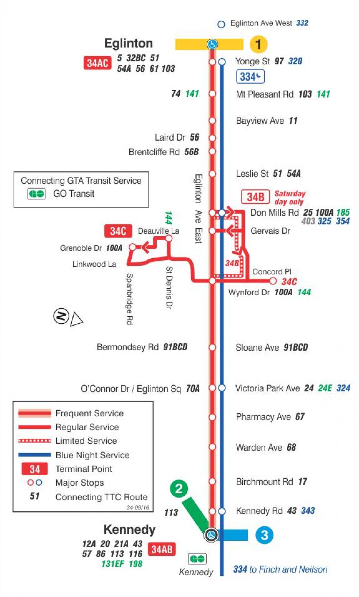 نقشه TTC 34 Eglinton شرق مسیر اتوبوس تورنتو