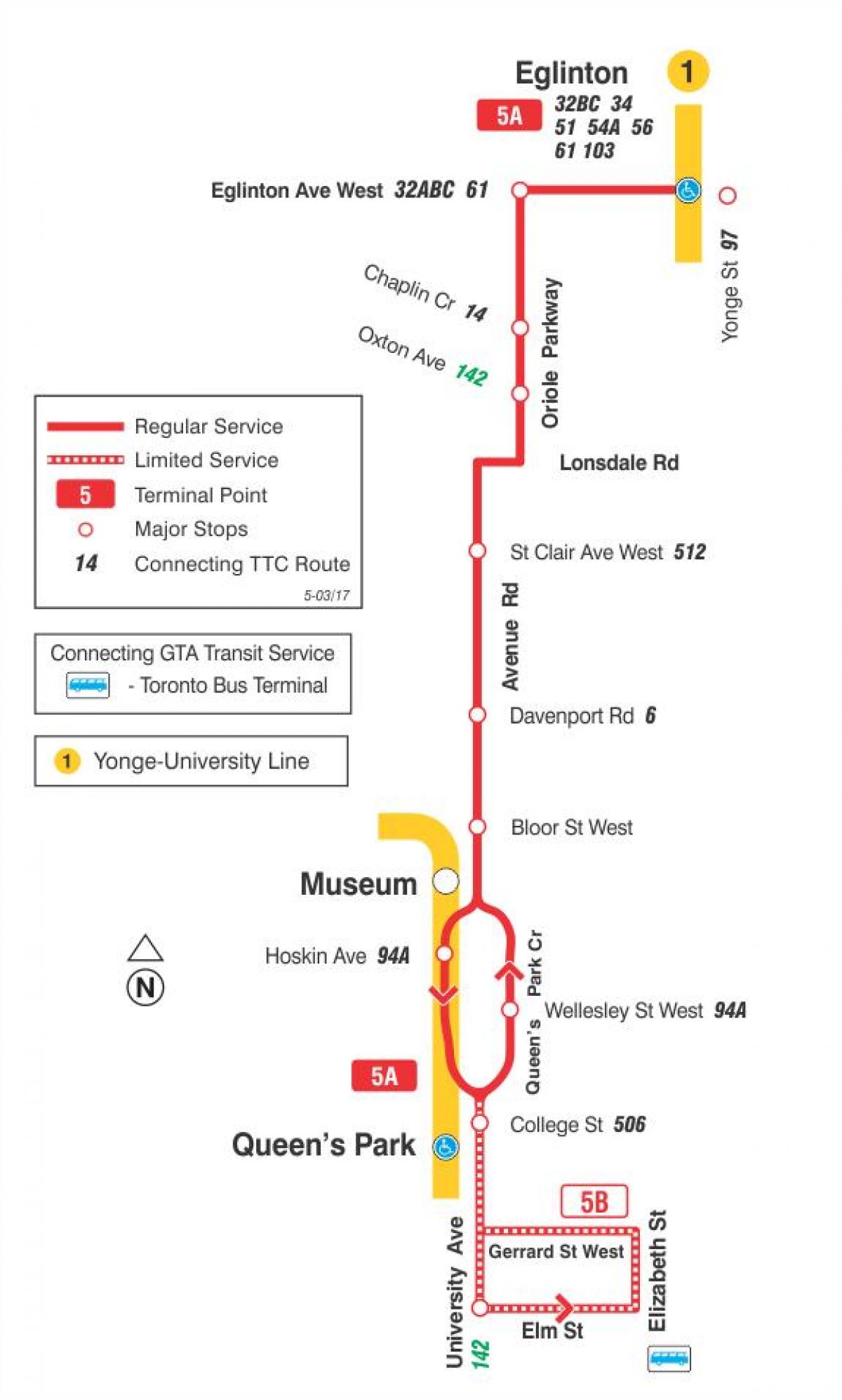 نقشه TTC 5 خیابان جاده مسیر اتوبوس تورنتو