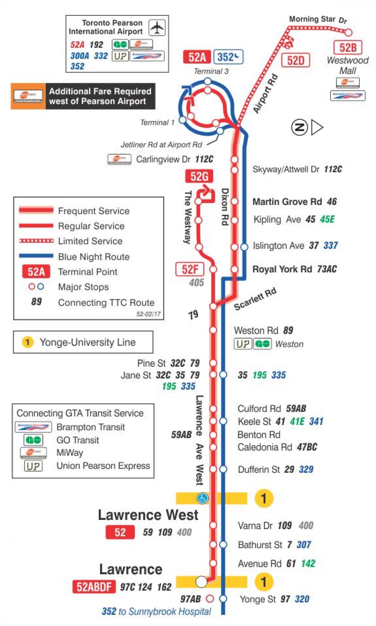 نقشه TTC 52 لارنس غرب مسیر اتوبوس تورنتو