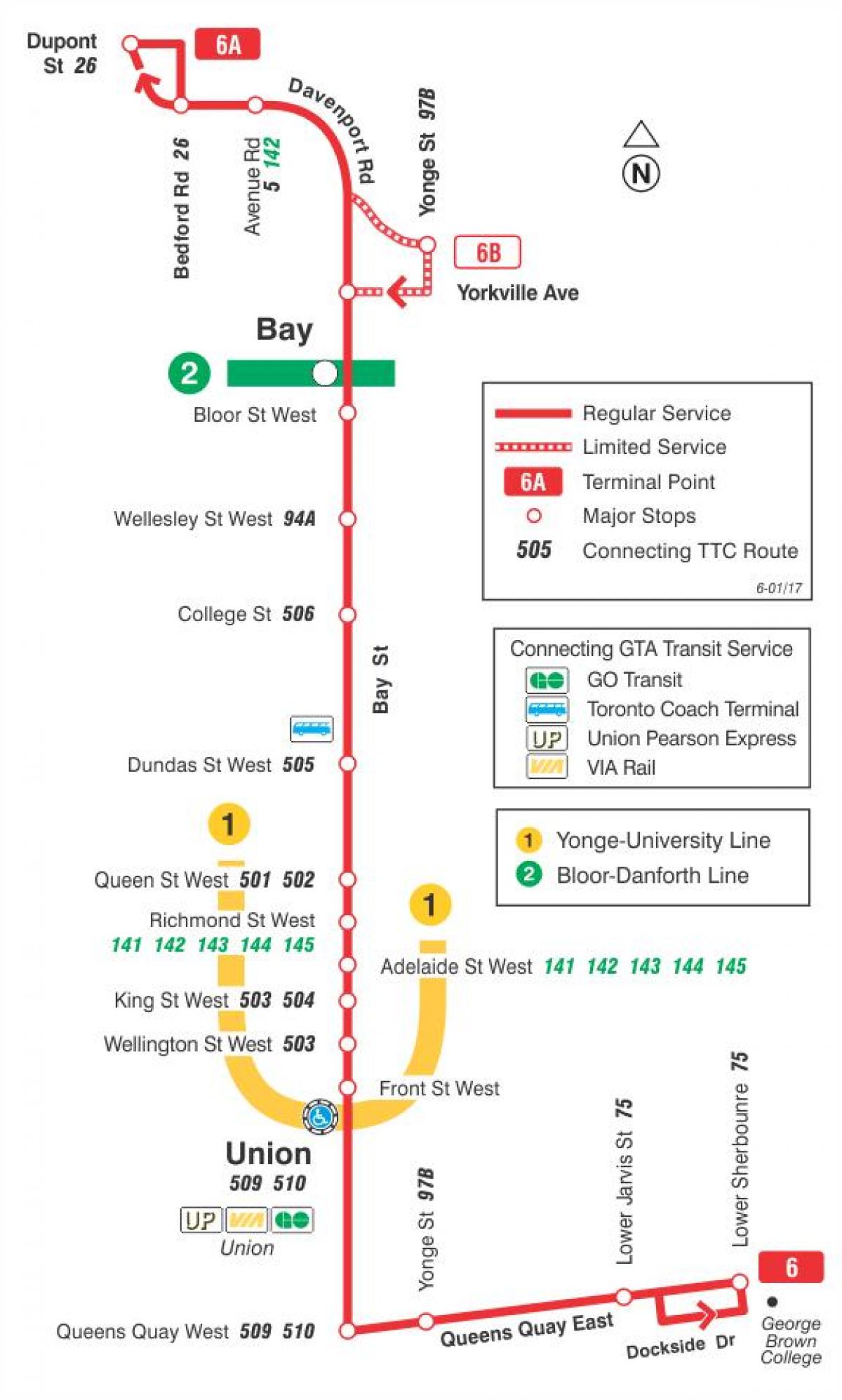 نقشه TTC 6 خلیج مسیر اتوبوس تورنتو