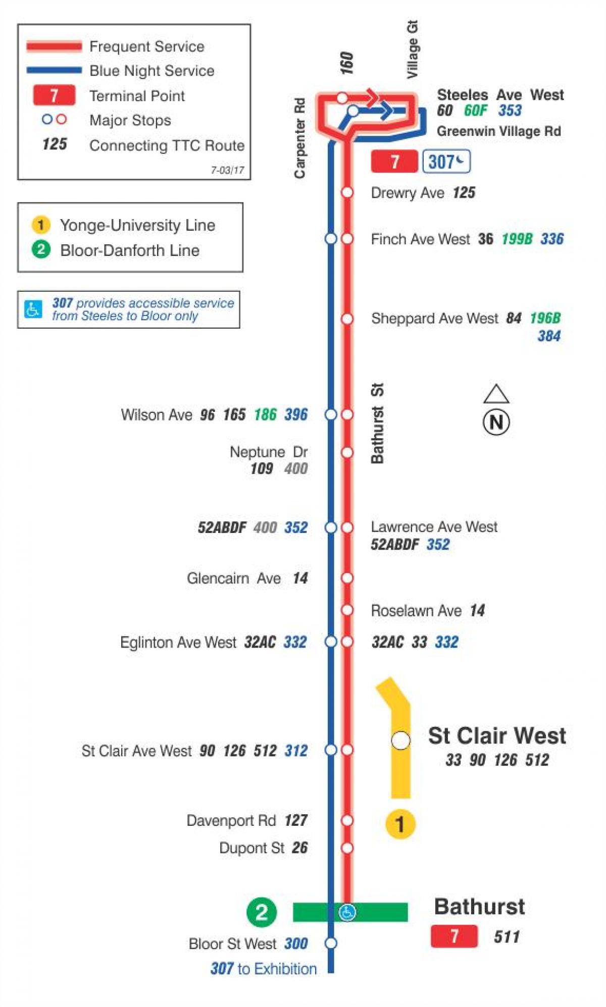 نقشه TTC 7 Bathurst مسیر اتوبوس تورنتو