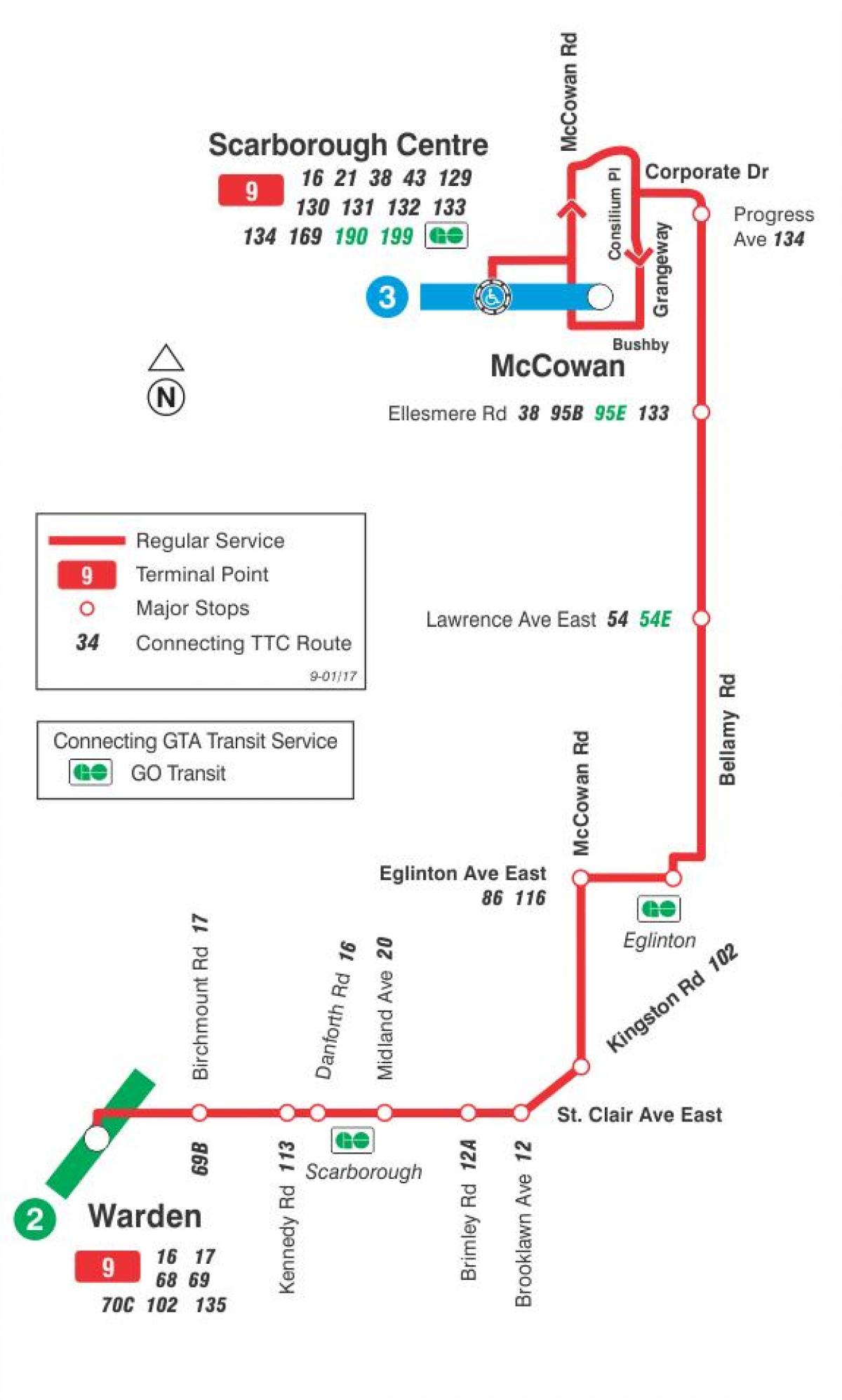 نقشه TTC 9 Bellamy مسیر اتوبوس تورنتو