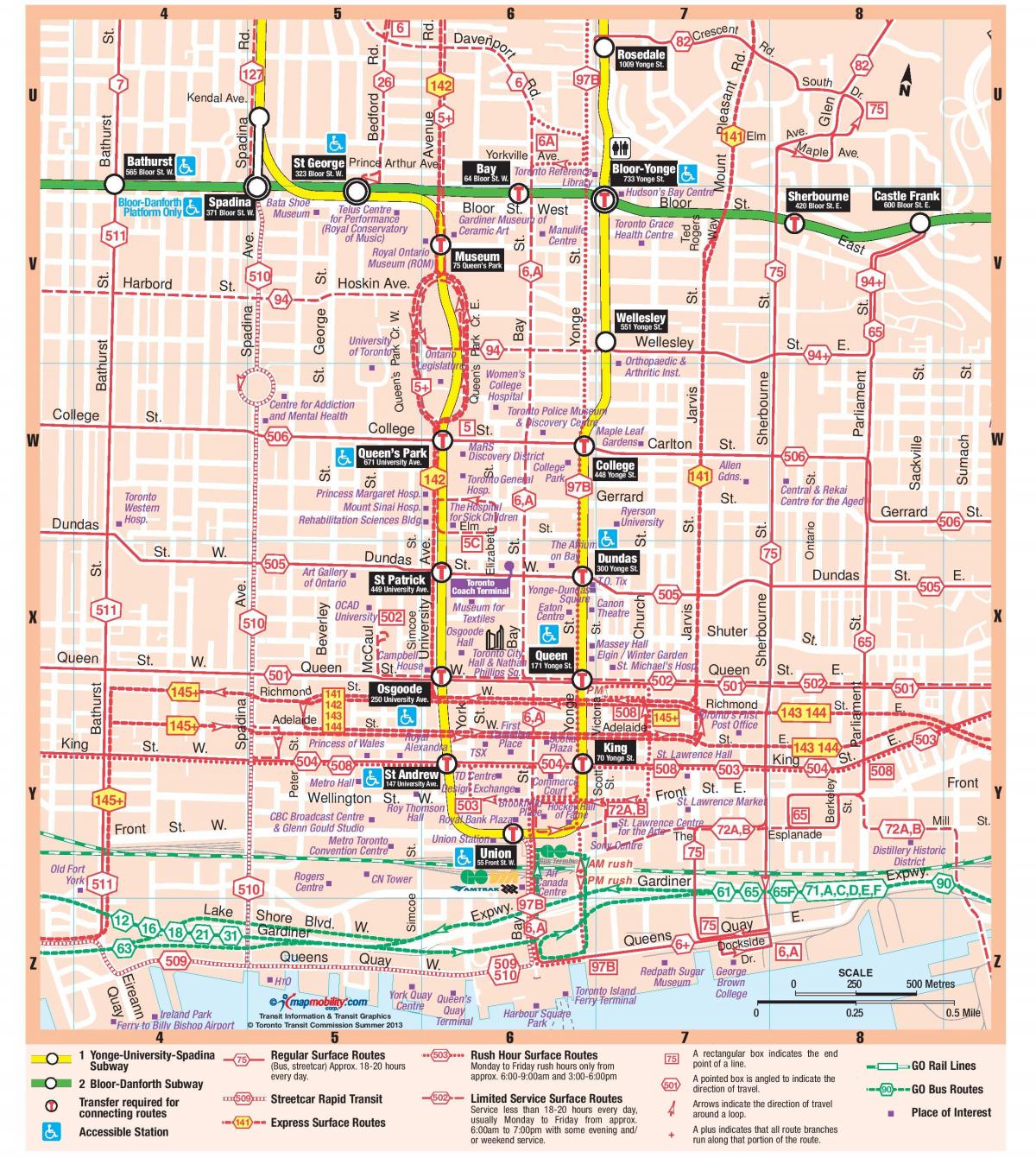 نقشه ایستگاه مترو در مرکز شهر تورنتو