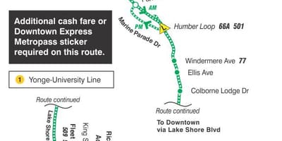نقشه TTC 145 مرکز شهر / Humber Bay بیان مسیر اتوبوس تورنتو