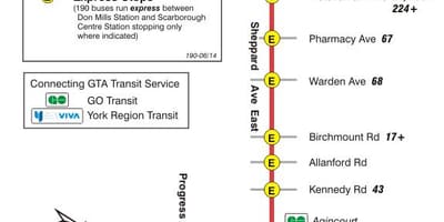 نقشه TTC 190 Scarborough مرکز موشک مسیر اتوبوس تورنتو
