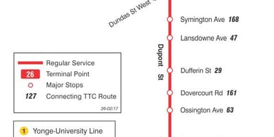 نقشه TTC 26 Dupont مسیر اتوبوس تورنتو