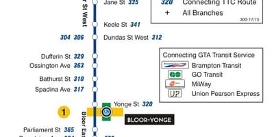نقشه TTC 300A Bloor-Danforth مسیر اتوبوس تورنتو
