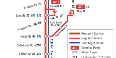 نقشه TTC 32 Eglinton غرب مسیر اتوبوس تورنتو