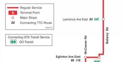 نقشه TTC 9 Bellamy مسیر اتوبوس تورنتو